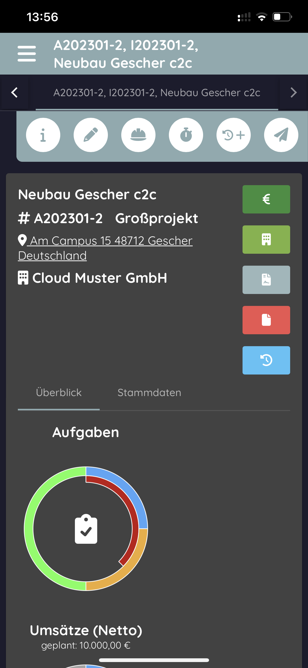 Screenshot der c2go Baumanagement Software auf einem Smartphone, die alle Desktop-Funktionen bietet, einschließlich Projektverwaltung, Aufgabenverfolgung und Dokumentenmanagement, dank Cloud-Integration.
