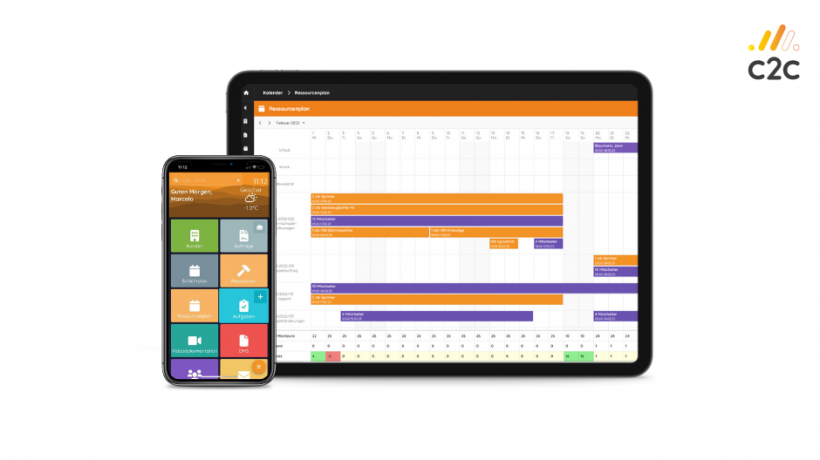 c2go Baumanagement App - Bild mit Handy und Tablet auf dem eine Anwendung gezeigt wird